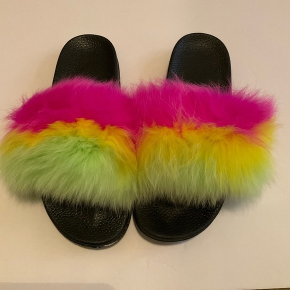 Neon Green Yellow & Pink Tricolor Vegan Fur Slides